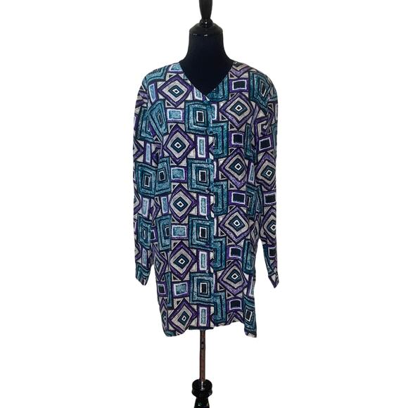 Papell Too colorful geometric print long sleeves silk tunic blouse size 10 - Picture 5 of 7